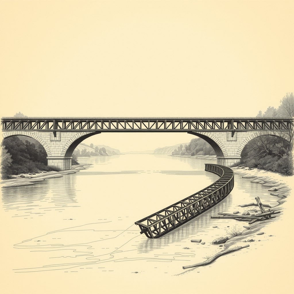 Ilustração de um viaduto ferroviário de treliça de ferro sobre um rio largo, com um dos vãos caído na água