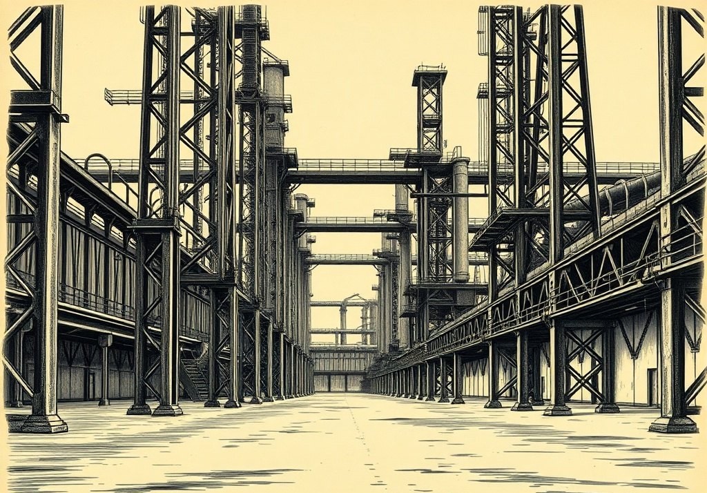Torre industrial de aço de uma usina térmica ao entardecer, com colunas da base marcadas por cortes e andaimes, sem pessoas