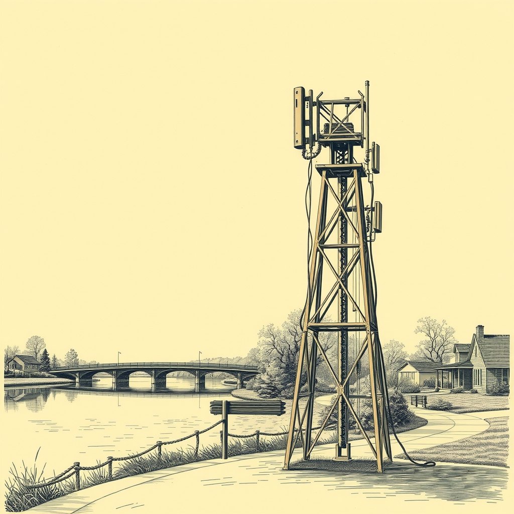 Ilustração de uma torre de telefonia celular à beira de um lago com uma ponte ao fundo