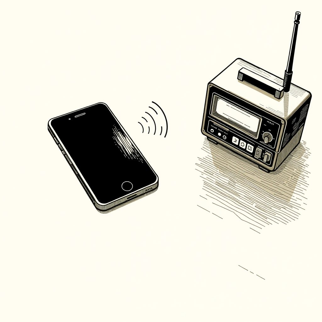 Ilustração de um celular sobre uma mesa diante de um pequeno aparelho eletrônico com antena, com ondas de rádio entre os dois