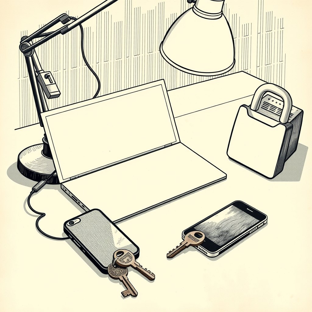 Ilustração de um notebook e de celulares sobre uma mesa, ao lado de um cadeado e de um molho de chaves, sob uma luminária