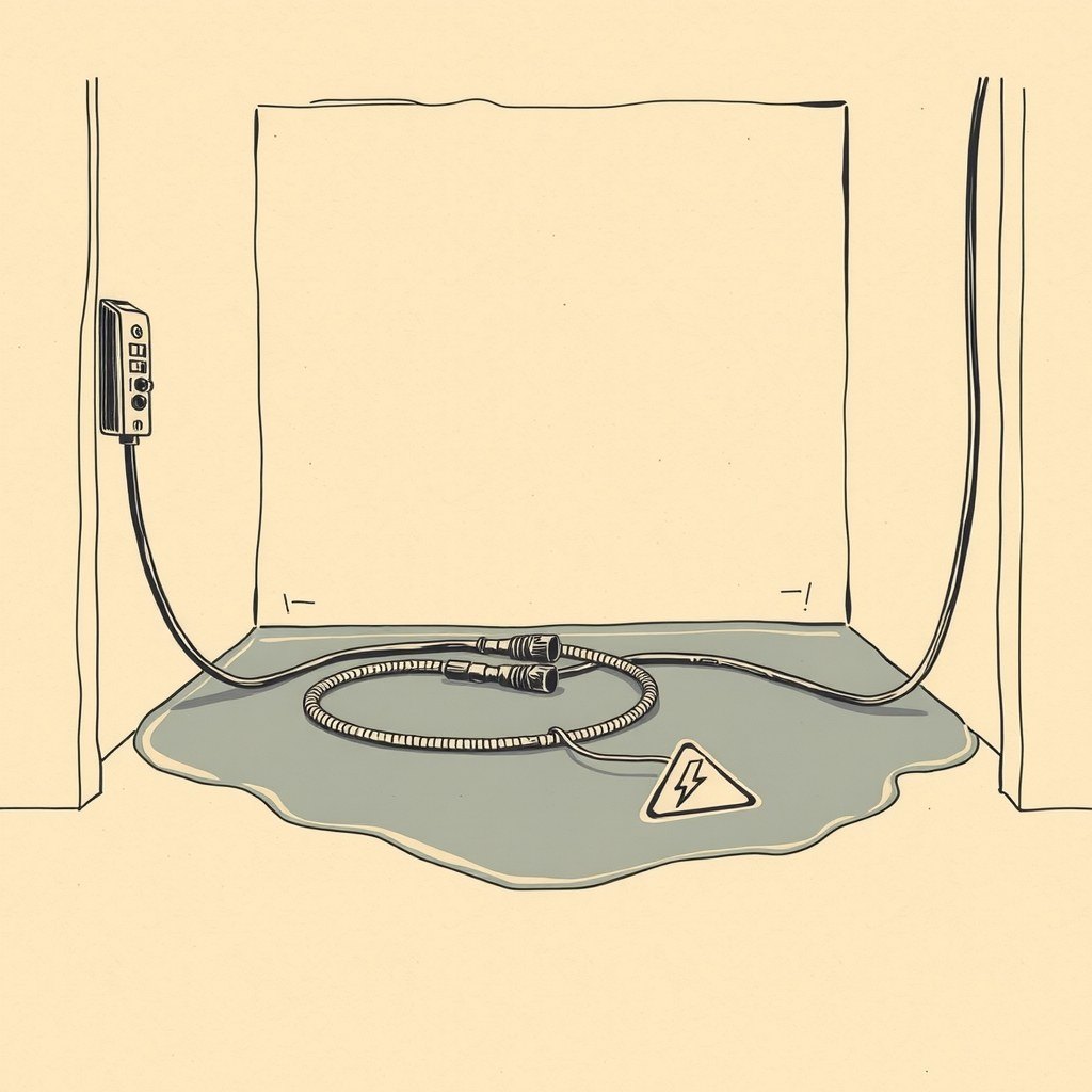 Ilustração de um box de lava-rápido vazio com uma extensão elétrica numa poça de água e o símbolo de risco elétrico