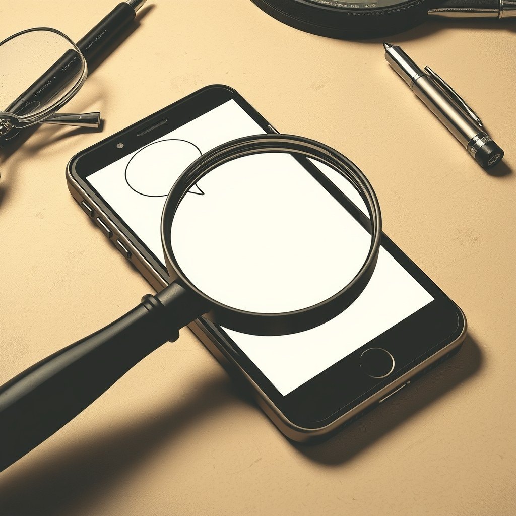 Ilustração de um celular sobre a mesa com uma lupa sobre a tela, representando a perícia digital