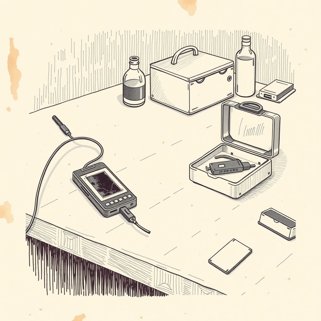 Ilustração de um celular ligado por cabo a um pequeno equipamento de extração sobre a bancada de um laboratório