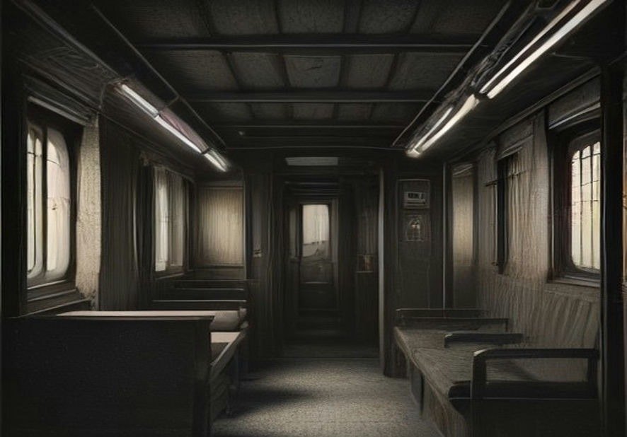 Ilustração do interior de um vagão de trem vazio, com bancos de madeira e janelas