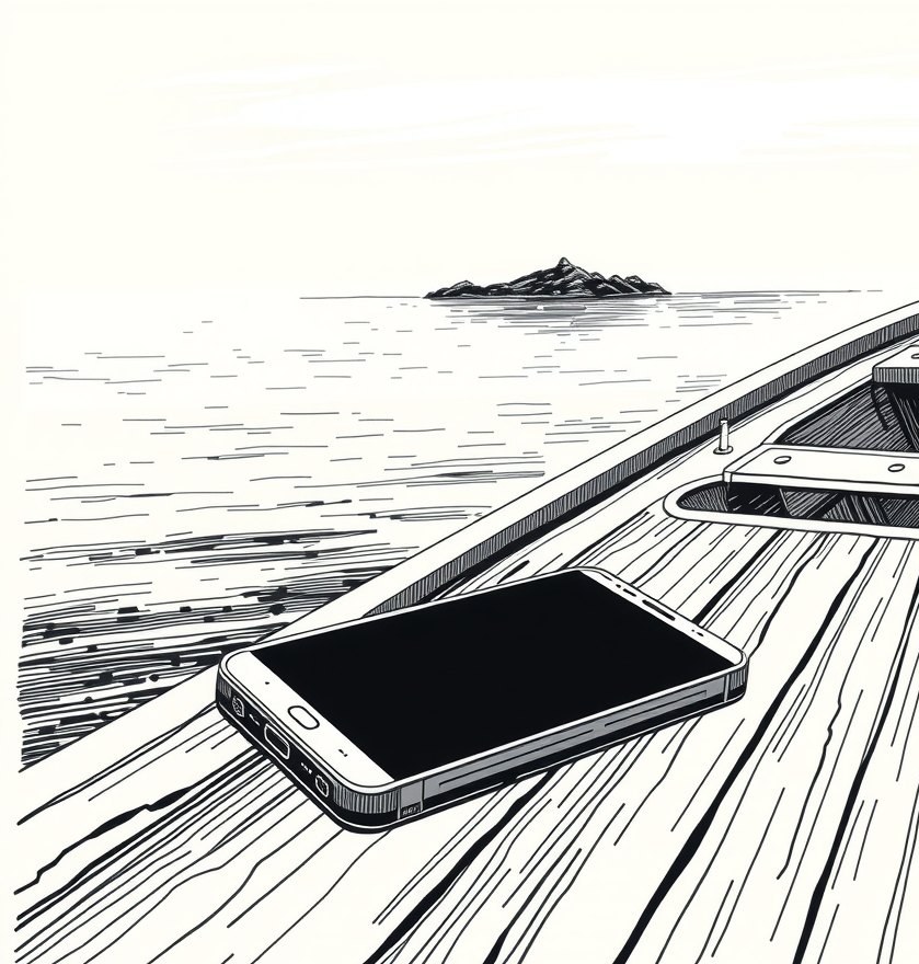 Ilustração de um celular com a tela apagada sobre o convés de madeira de um barco, com o mar e uma ilha ao fundo