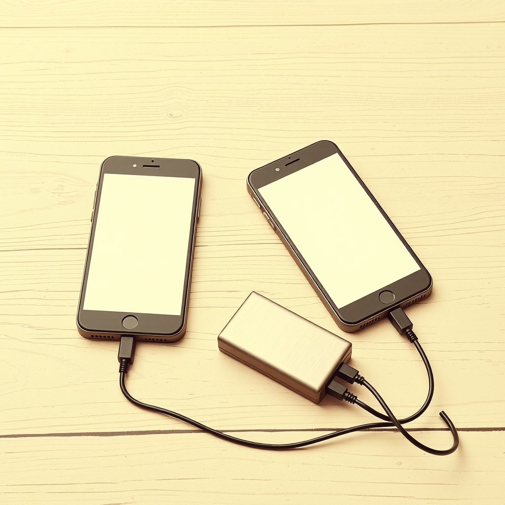 Ilustração de dois celulares e um disco rígido externo ligados por cabos sobre uma mesa de madeira