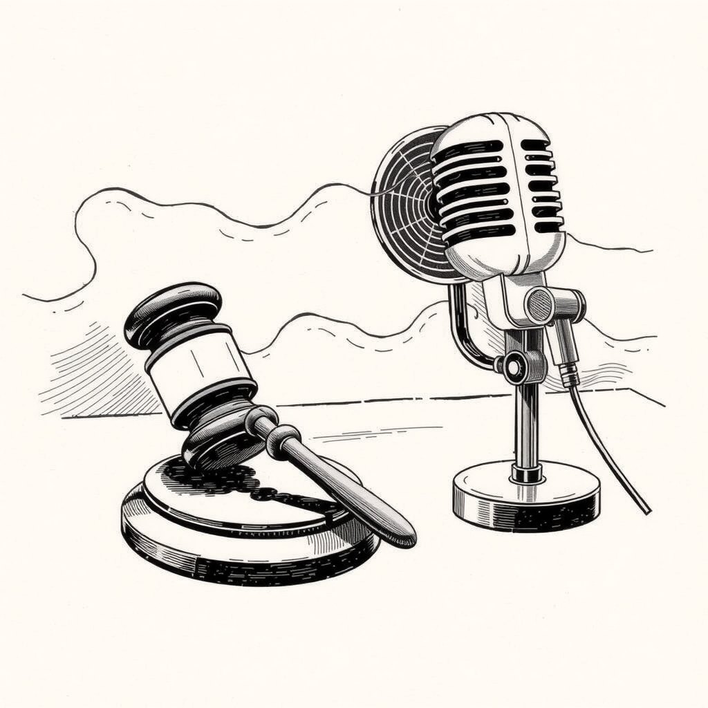 Ilustração de um martelo de juiz ao lado de um microfone antigo, com linhas onduladas que sugerem som
