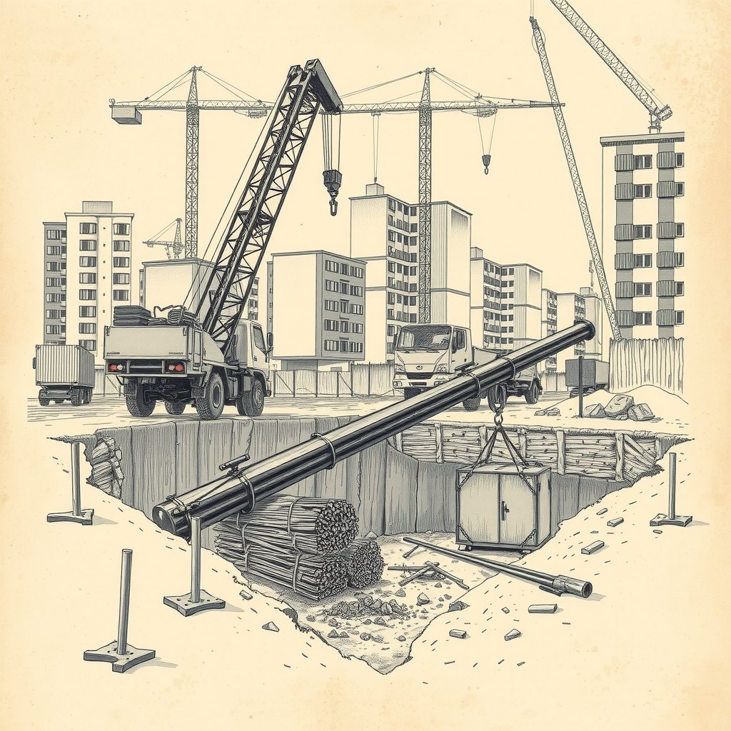 Ilustração de um canteiro de obras urbano com caminhão-guindaste, uma lança caída sobre feixes de vergalhões dentro da escavação e prédios ao fundo