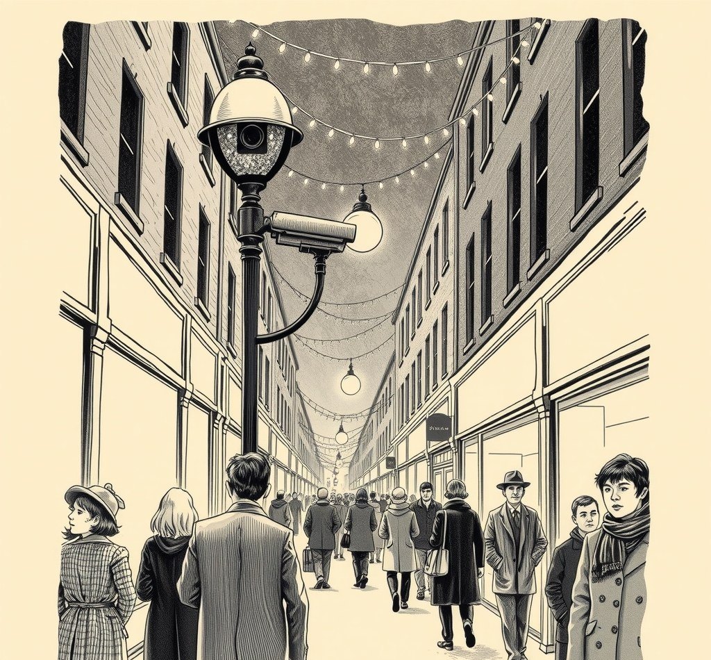 Ilustração de uma rua comercial de Londres com luzes de fim de ano e uma câmera de vigilância presa a um poste