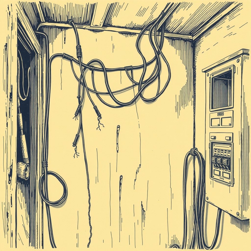 Ilustração de uma parede com fiação elétrica exposta, emendas improvisadas e um quadro elétrico antigo