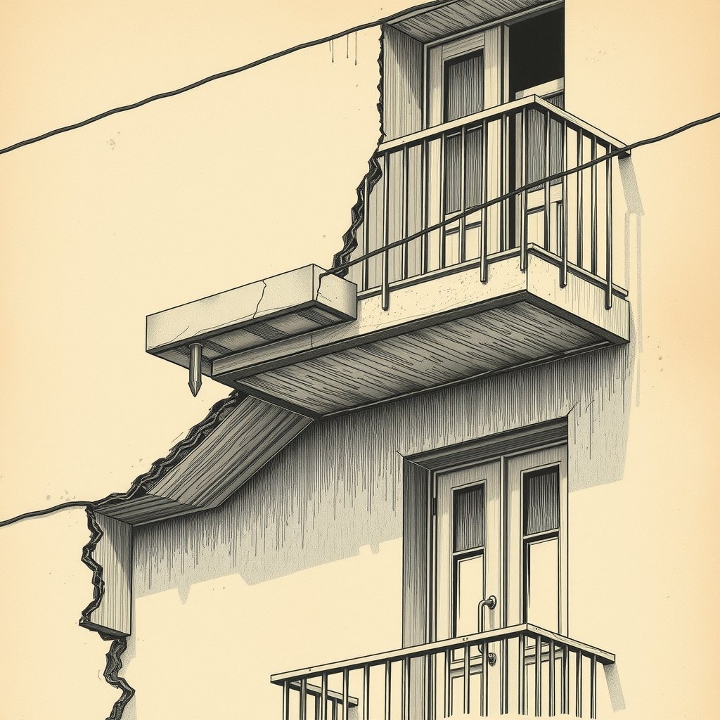 Ilustração de fachada de prédio residencial com varandas de concreto e trincas na parede