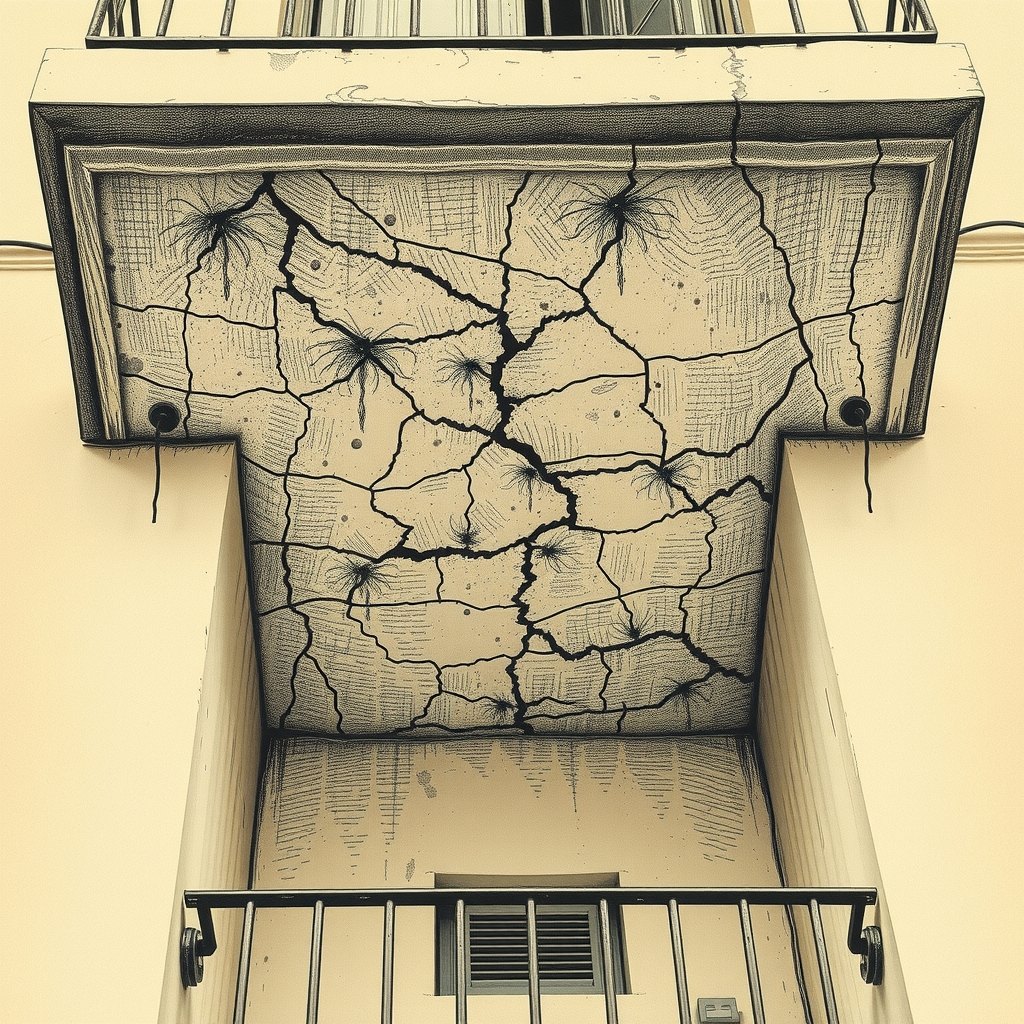 Ilustração da face inferior de uma varanda de concreto antiga, cheia de trincas